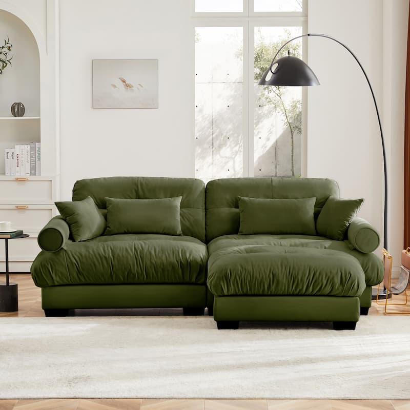 Modern Sectional Couch Comfortable Upholstered Sofa Set with Lumbar Pillow and Throw Pillow for Living Room - 2 Seats + 1 Ottoman - Olive Green