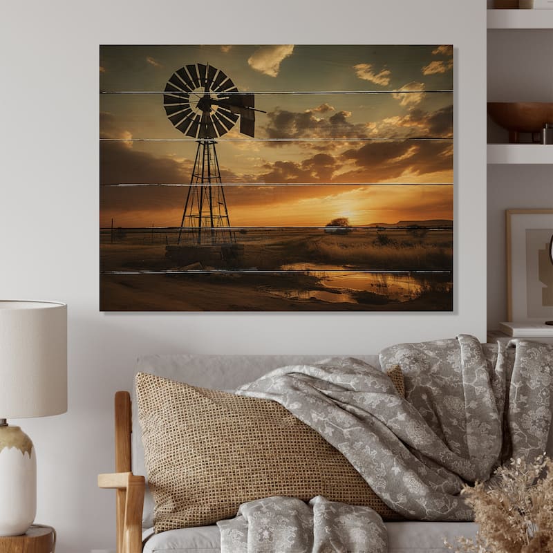 Designart "Texas Rustic Windmills" Landscapes Print on Natural Pine Wood