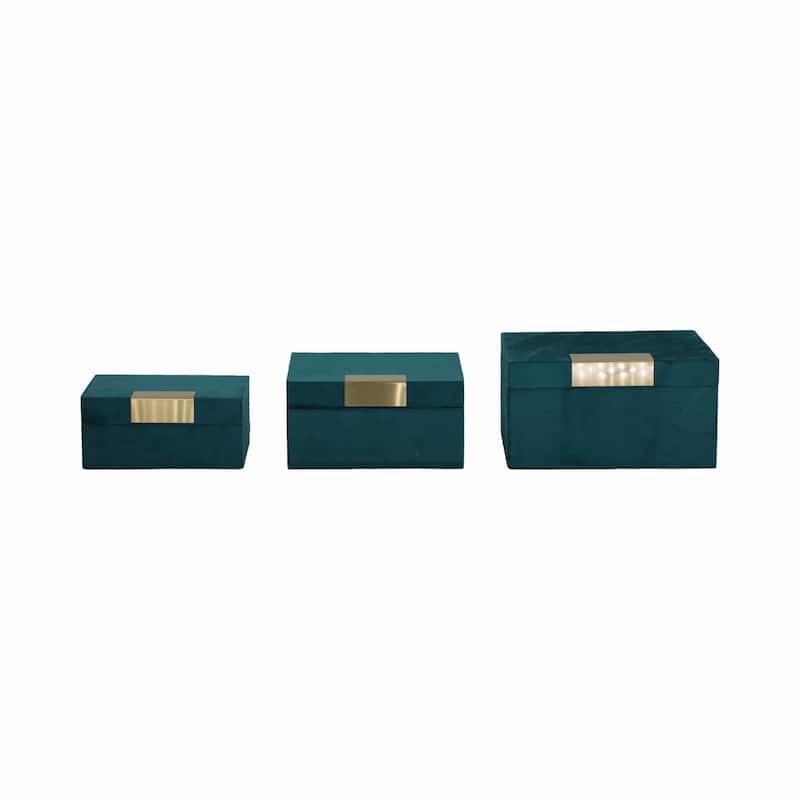 Wood & Velvet Storage Boxes with Gold Accents, Set of 3 - 9" x 7" x 5" - Blue/ Gold - 9" x 7" x 5"