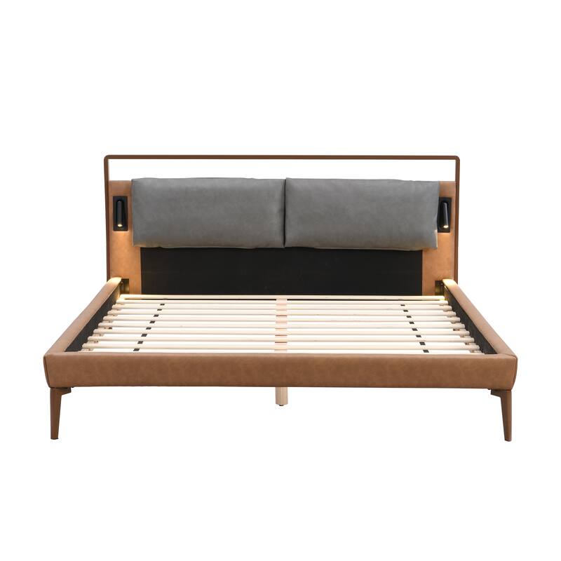 Queen Bed with LED Lights and Cushion Headboard, No Box Spring Needed