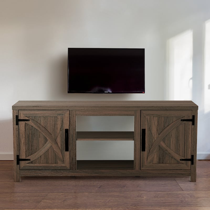 58" Rustic Walnut Barn Door Wood Console TV Stand for TV's up to 65" - 58 inches in width