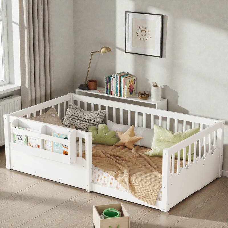 Twin Floor Bed with Heightened Fence and Bookshelf, Wooden Montessori Floor Bed for Kids, Low Profile Design