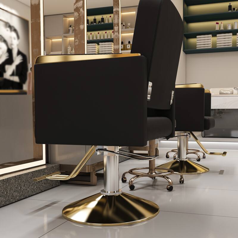 Roomfitters Hydraulic Salon Chair with 360° Swivel, Heavy Duty Barber Stylist Chair with Non-Tilting Gold Base, Black and Gold