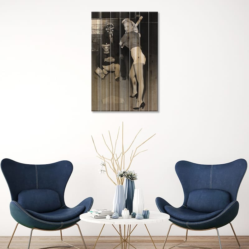 Marilyn Monroe At The Plate In Black Heels Print On Wood by Radio Days - Multi-Color