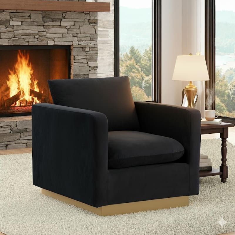 Nervo Single Seater Sofa Velvet Modern Accent Arm Chair with Gold Stainless Steel Square Base for Living Room & Bedroom - 32.67