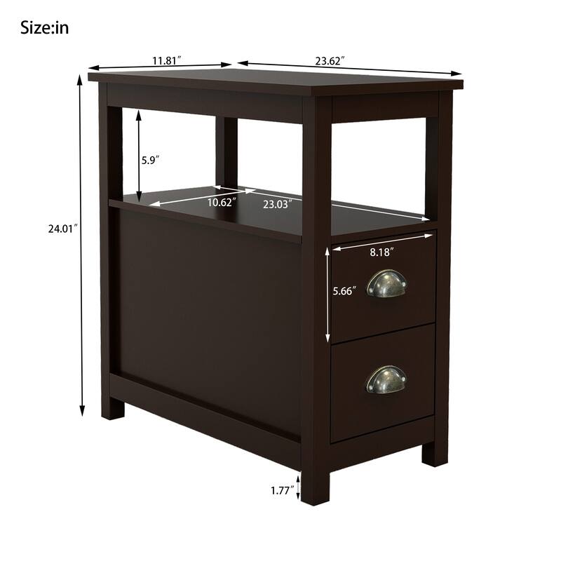Narrow Side Table Storage Cabinet Coffee Table Snack with 2 Drawers & 2 Open Shelves Bedside Table Cocktail Table for Bedroom