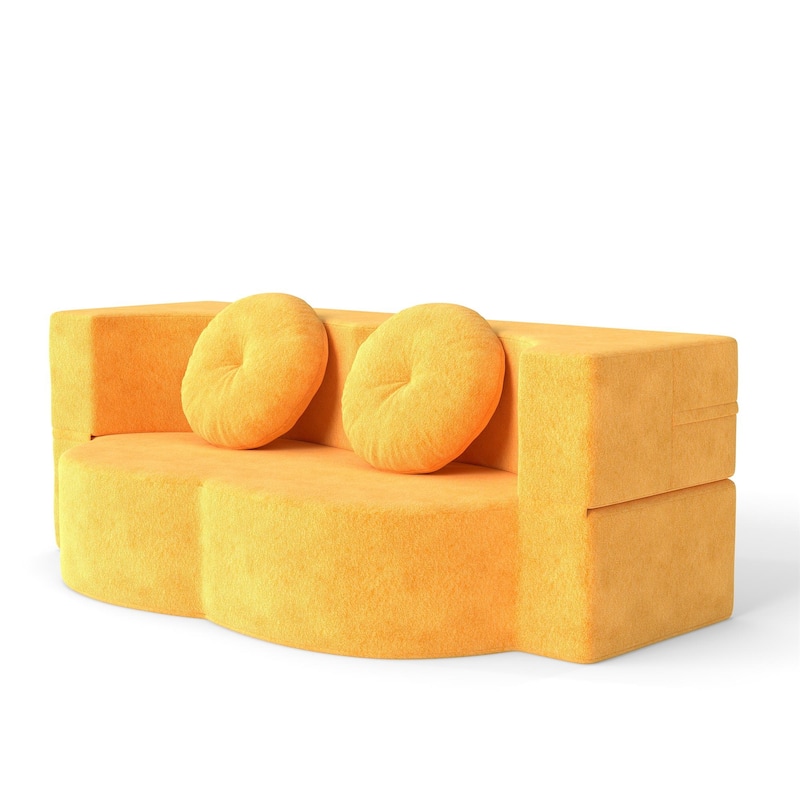 Modern Floor Sofa with 2 Pillows,Convertible Plush Corduroy Foam-Filled Sleeper Sofa Bed