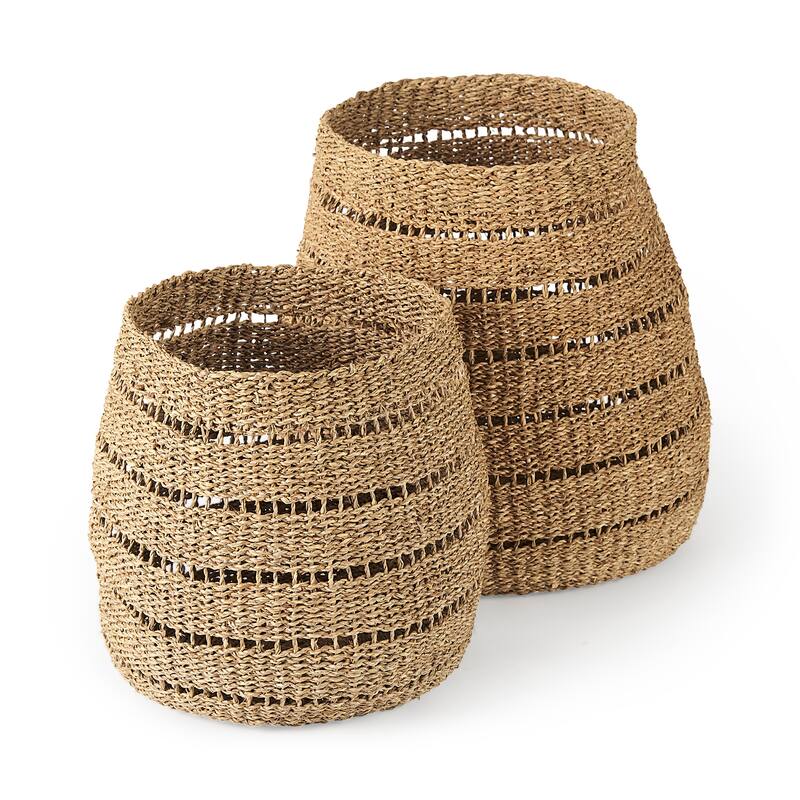 Hayes 17.7L x 17.7W x 11.8H (Set of 2) Medium Brown Seagrass Round Basket with Stripe Pattern - Medium Brown