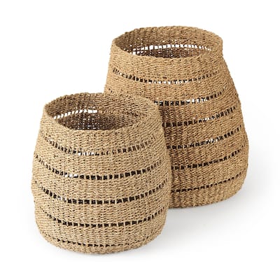 Hayes 17.7L x 17.7W x 11.8H (Set of 2) Medium Brown Seagrass Round Basket with Stripe Pattern