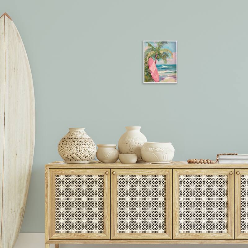 Stupell Pink Surfboard on Beach Framed Giclee Art Design By Arlington Prints
