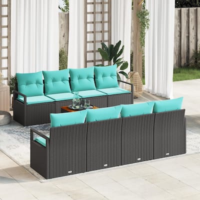 vidaXL 9 Piece Garden Sofa Set with Cushions Black Poly Rattan Acacia - 90.6×24.4×27.2