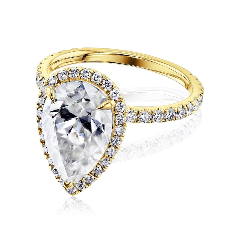 Kobelli Signature Collection 4 Carat Moissanite & Diamond 14k Solid Gold Pear Halo Near Eternity Paige Ring