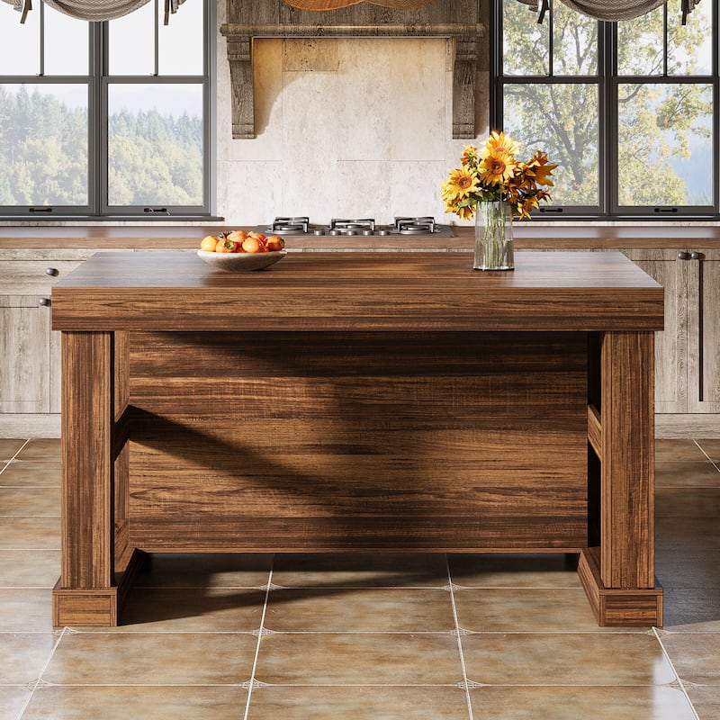 59 Inch Stationary Kitchen Island with Seating and Shelves, Farmhouse Style - 31.5" D x 55.12" W x 35.43" H