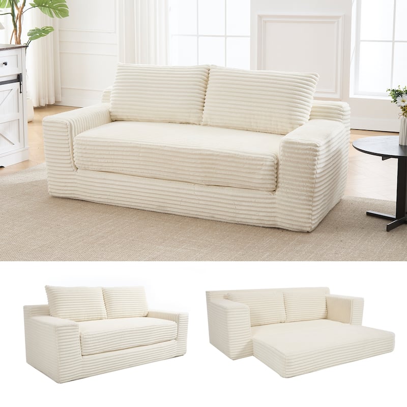 Corduroy 2-in-1 Convertible Loveseat Sofa Upholstered Deep Seat Sofa w2 Pillows Tufted Couch Livingroom Recliner Sofa - Beige