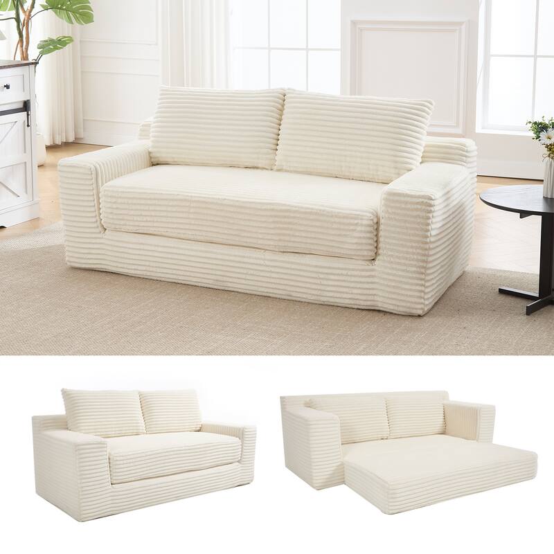 Loveseat Sofa Bed - Convertible 2-in-1, Corduroy Fabric, No Assembly, Beige - Multi-Color