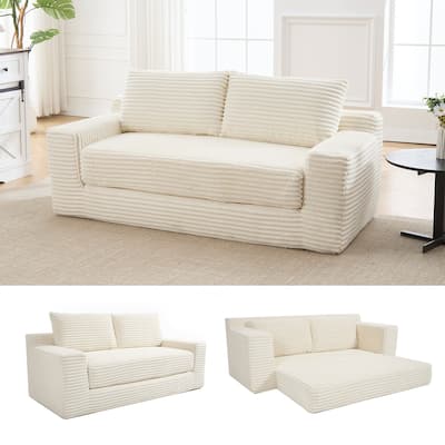 Loveseat Sofa Bed - Convertible 2-in-1, Corduroy Fabric, No Assembly, Beige