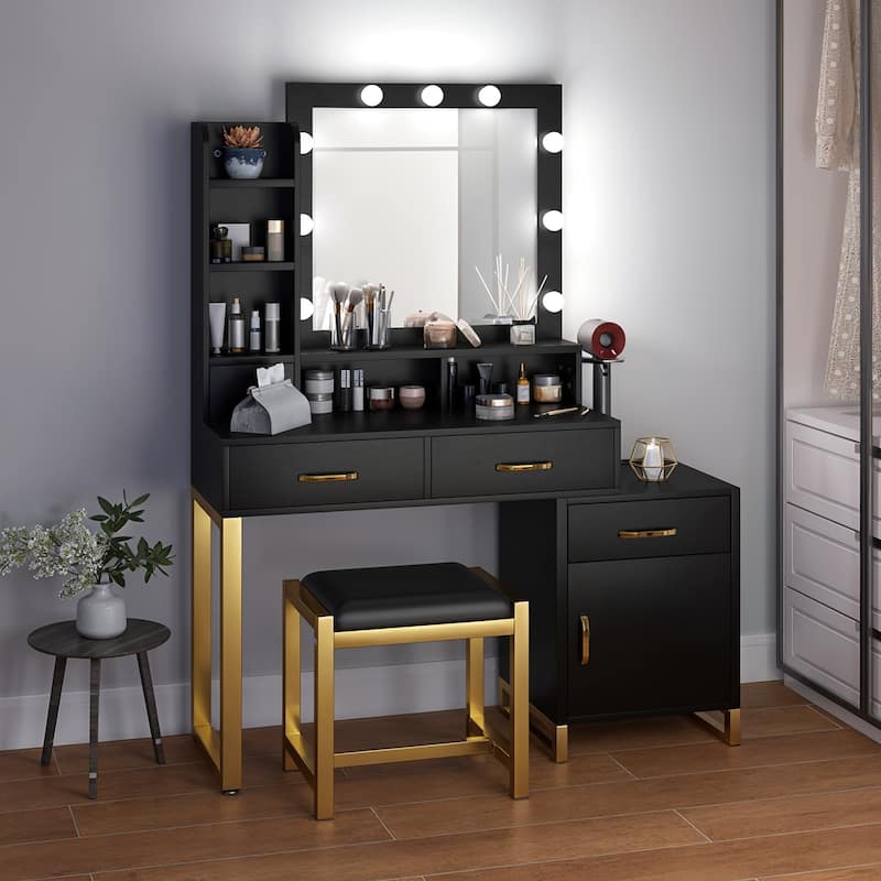 Vanity Desk Makeup Table Light Strip Mirror Dressing - 35.4"L x 15.7"W x 53.5"H - Black LED Bulb