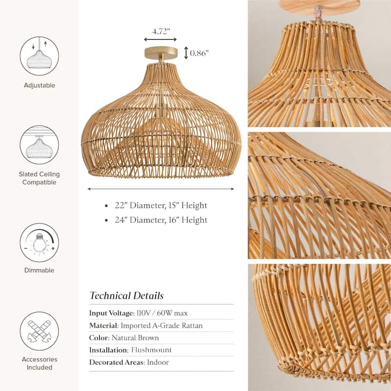 Oceania Rattan Flush Mount Rattan Natural Cone Handwoven Dimmable Ceiling Light for Bedroom or Hallway in Farmhouse, Boho Style