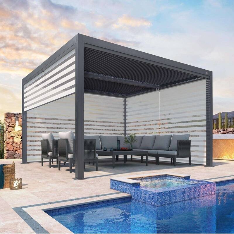 PURPLE LEAF Gray Louvered Pergola Outdoor Aluminum Pergola with Adjustable Roof for Patio Grey Hardtop Gazebo - 12' x 12' - 2W+1L(Roller Blinds)