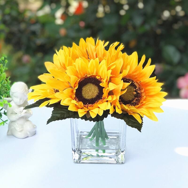 Enova Home Artificial 6 Heads Silk Sunflowers Fake Flowers Arrangement in Clear Glass Vase with Faux Water - Yellow