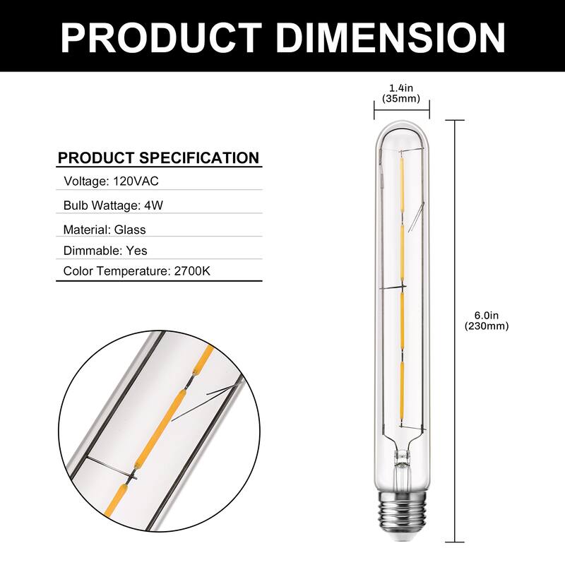 Dimmable Led Tubular Light Bulbs, T30 Edsion Bulbs, 2700k Filament Light Bulbs for Chandelier Light or Industrial Wall Sconces