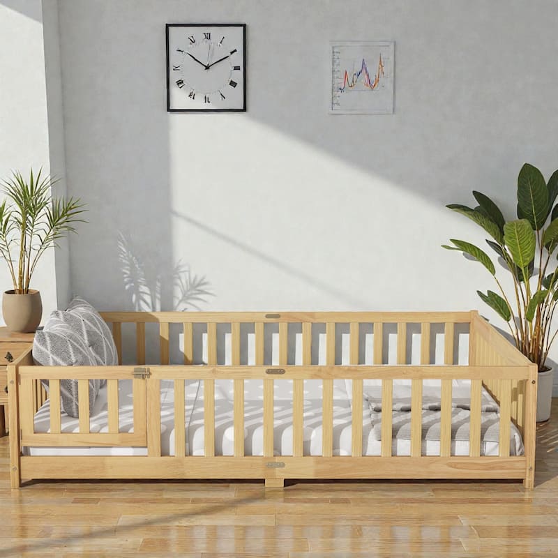 Floor Bed with Fence, Solid Rubber Wood Montessori Floor Bed with Safety Guardrails - Natural - Full