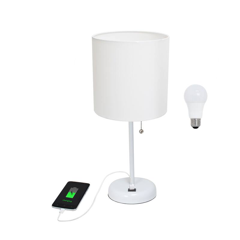White Stick Lamp with USB charging port and Fabric Shade