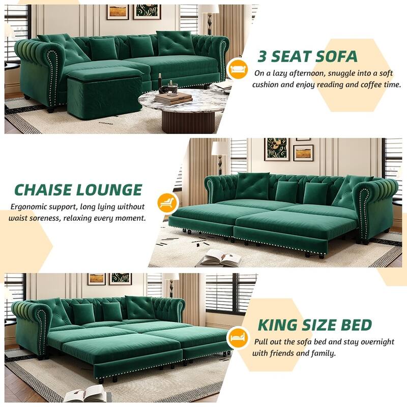 3-in-1 Pull-Out Convertible Sleeper Sofa Bed with Movable Ottoman