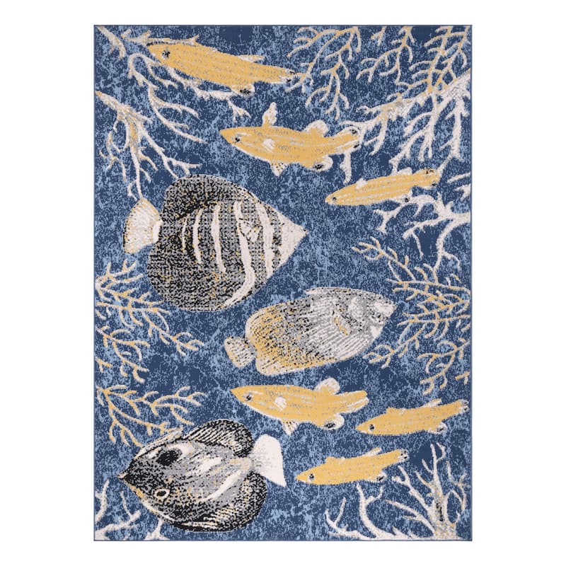 Lela Collection Blue, Grey, and Ivory Fish and Coral Polyester Rug