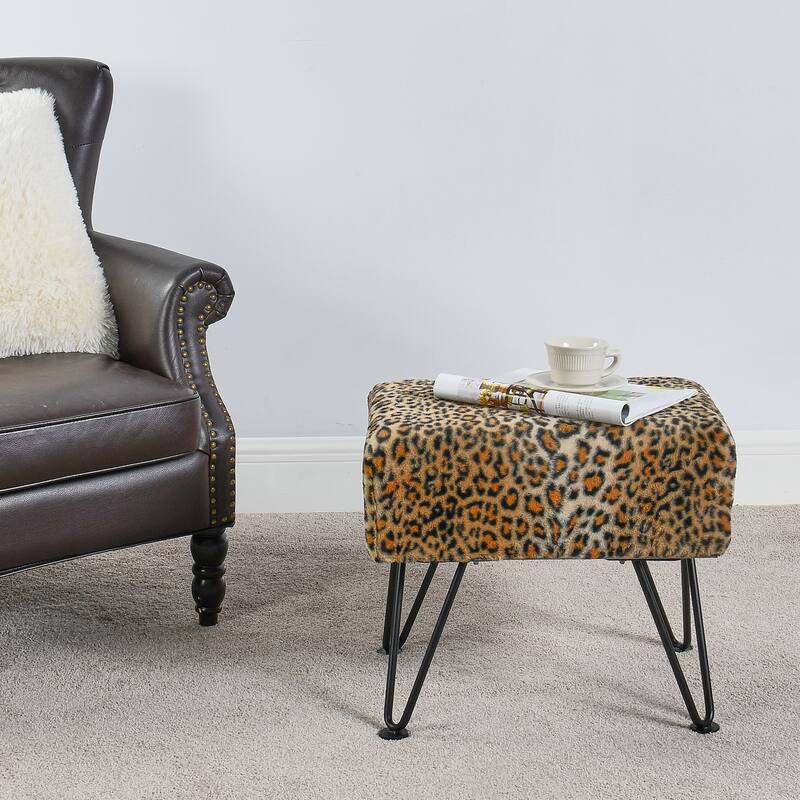 Home Soft Things Animal Pattern Ottoman Bench with Black Metal Legs - 19"x13"x17" - Brown