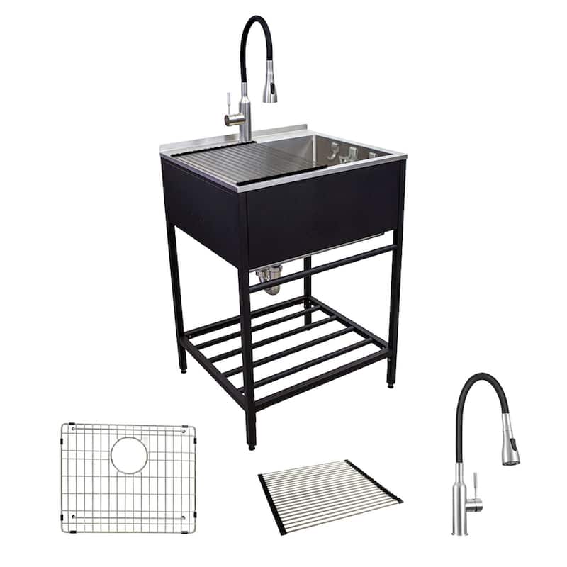Transolid TFH-2522 25-in. Stainless Steel Laundry Sink with Wash Stand - Black