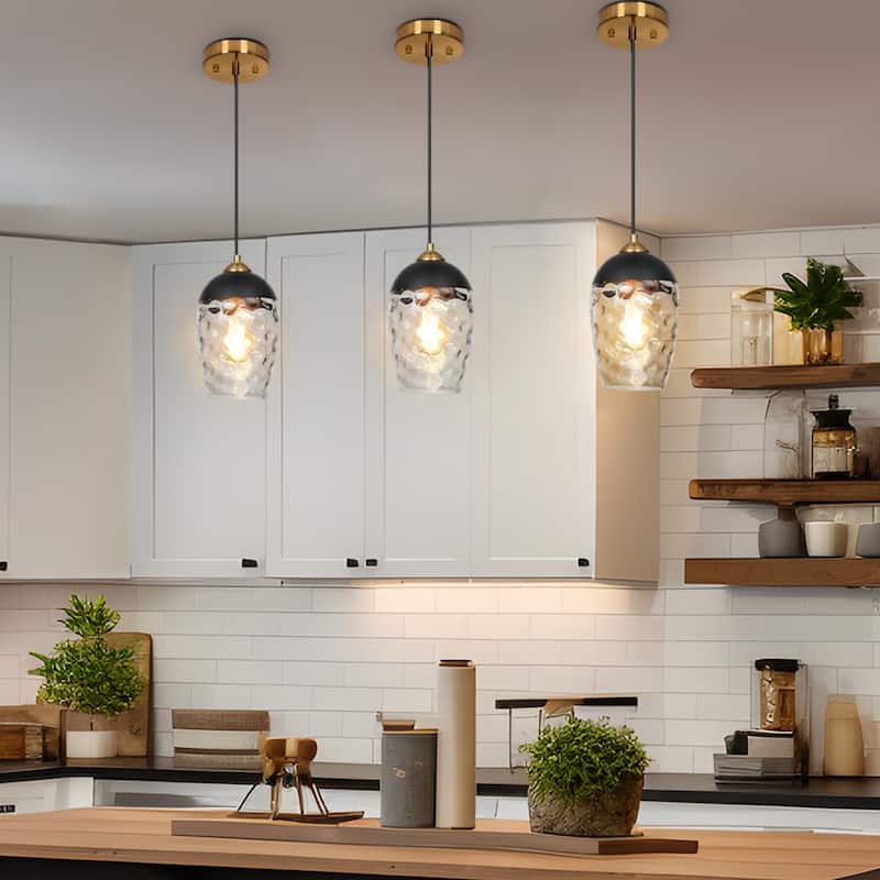 Modern Contemporary Black Gold Hammered Glass Kitchen Island Pendant Light for Dining Room