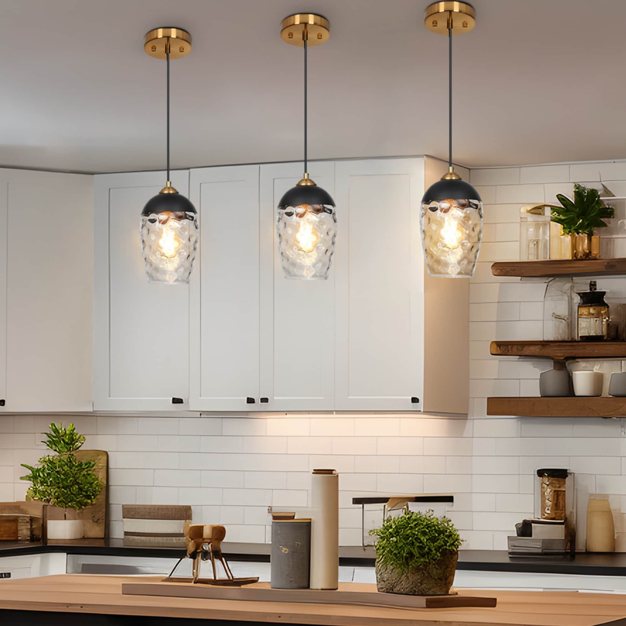 Modern Contemporary 1-Light Black Gold Hammered Glass Kitchen Island Pendant Light for Dining Room