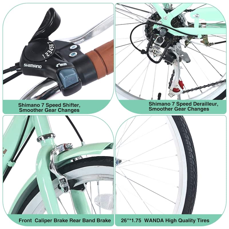 7 Speed City Bike With Basket,Steel Frame,Multiple Colors 26 Inch Girls Bicycle
