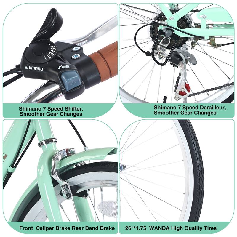 7-Speed City Bike for Women with Basket, 26 Inch Steel Frame, Comfortable Grips, Shimano Shifter, Multiple Colors