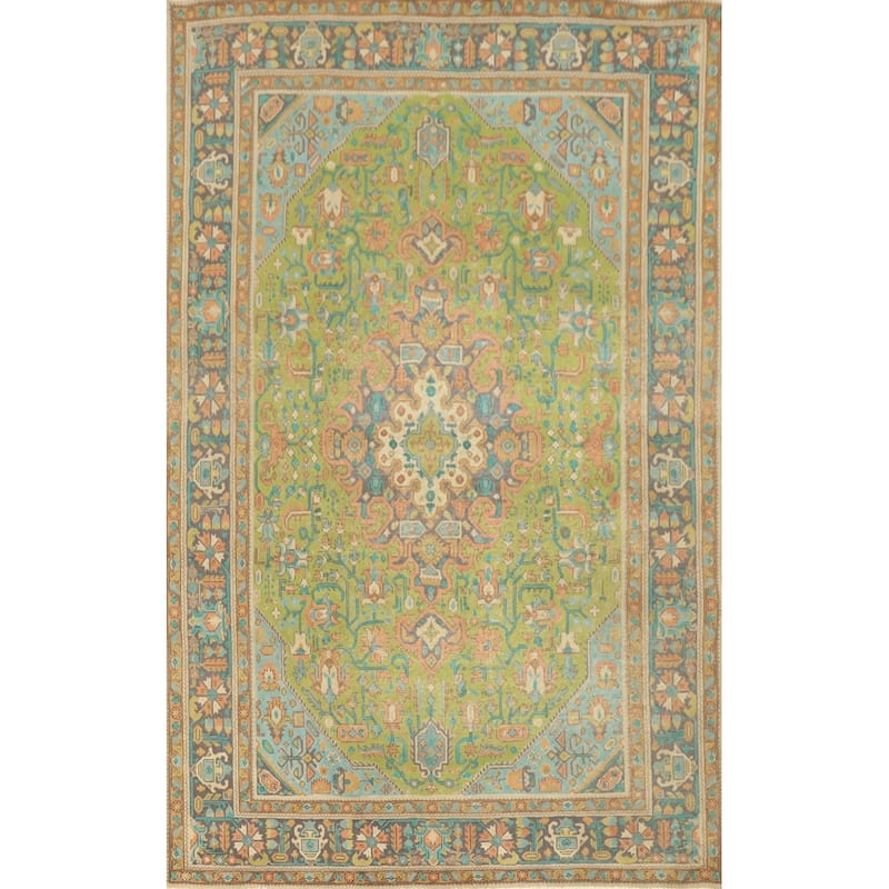 Hand Knotted Oriental 100% Wool Carpet Traditional Floral Green Tabriz Area Rug - 9' 5'' X 6' 8''