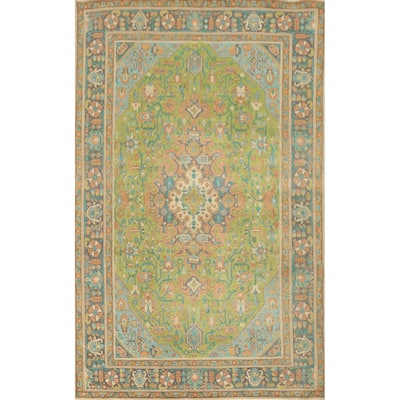 Hand Knotted Oriental 100% Wool Carpet Traditional Floral Green Tabriz Area Rug - 9' 5'' X 6' 8''
