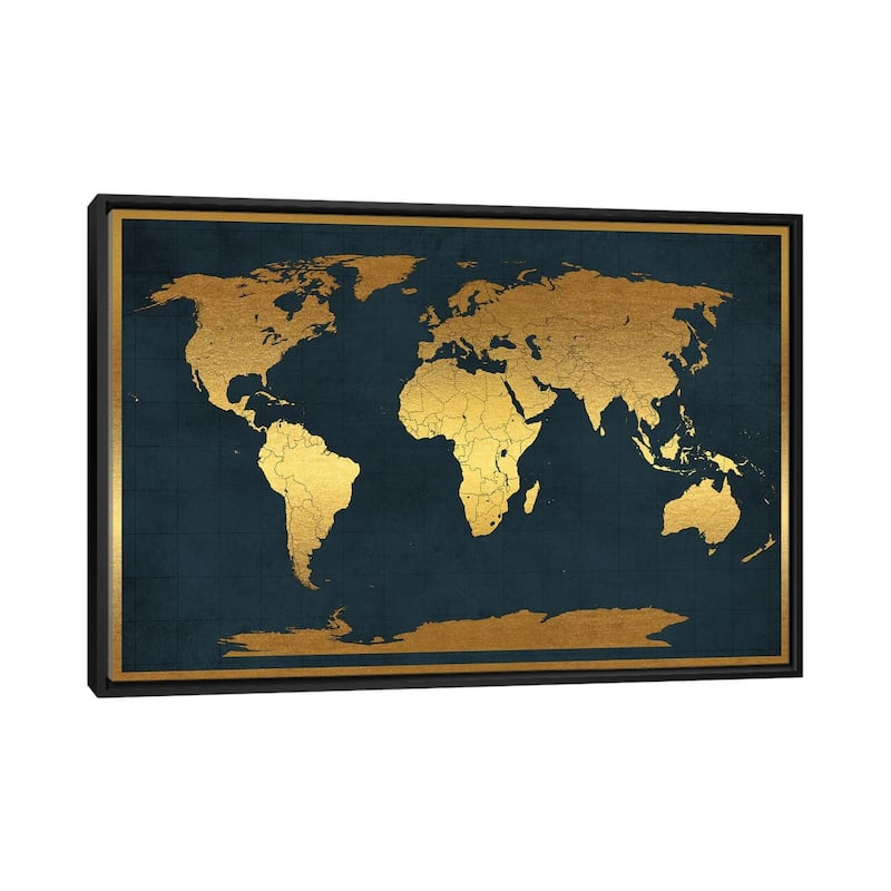 iCanvas "World Map Vintage Style Black Gold" by WallDecorAddict Framed Canvas Print - Black - 32x48