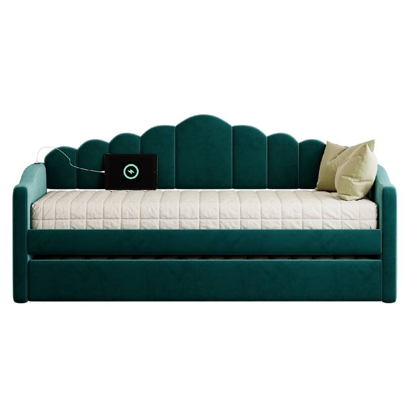 Twin size Velvet Daybed Wingback Daybed for Apartment with Retractable Trundle & USB Charging Ports, Wood Slat Support