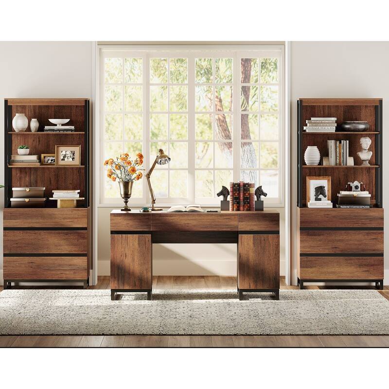 WAMPAT 59" Executive Desk with Charging Station & Storage Cabinet + 72" Tall Bookcase with 6 Drawers.
