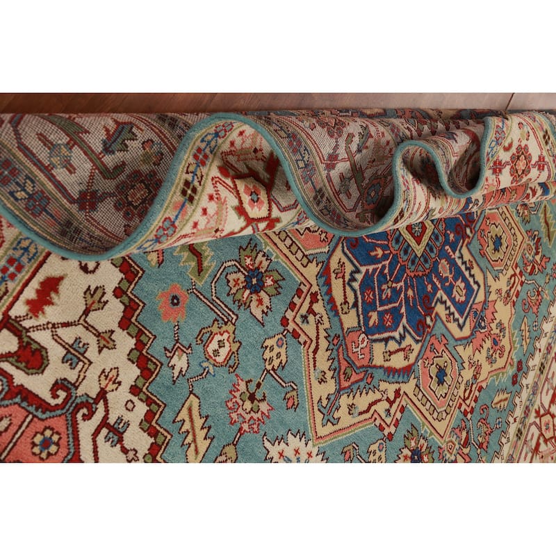 Light Blue Geometric Heriz Serapi Indian Area Rug Handmade Wool Carpet - 8'10"x 11'10"