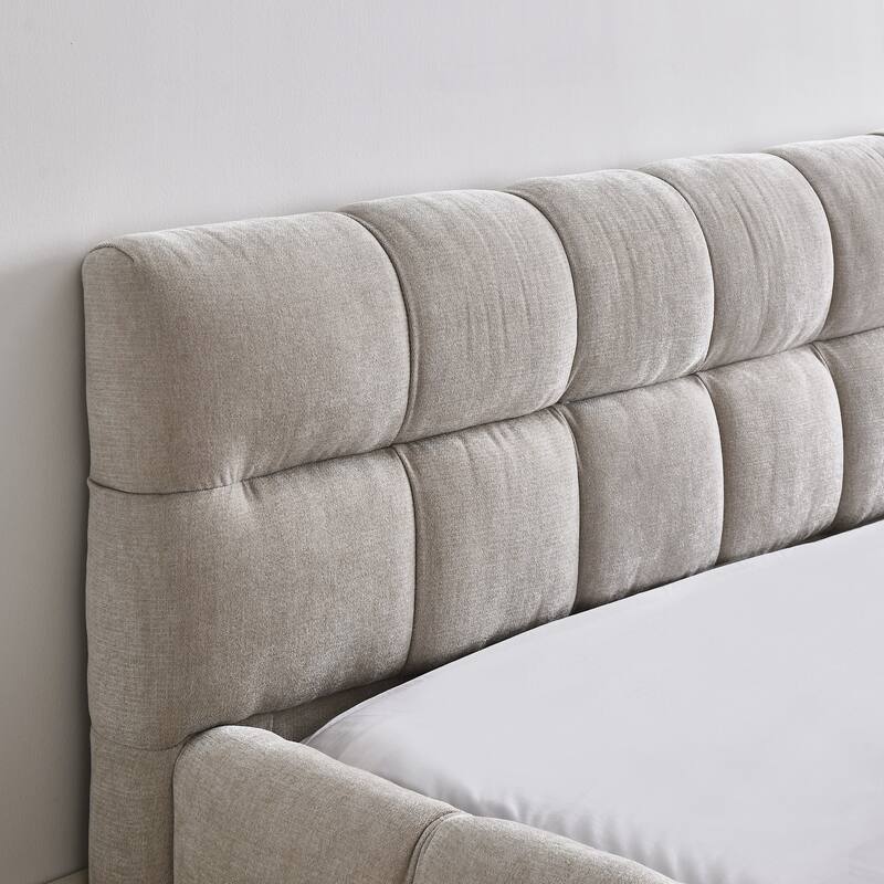 Queen Size Upholstered Bed Frame With Thick Fabric, Chenille Grounded Platform Bed With Headboard