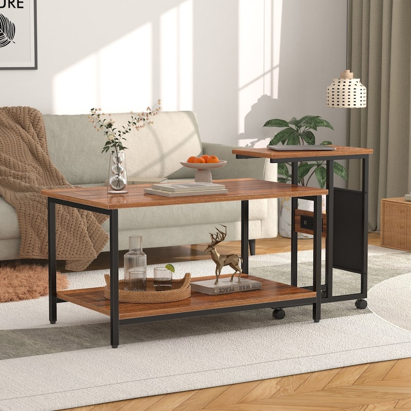 VECELO Coffee Table Set of 2 Coffee Tables and Side Table Set with Charging Station C Shaped End Table with Wheels