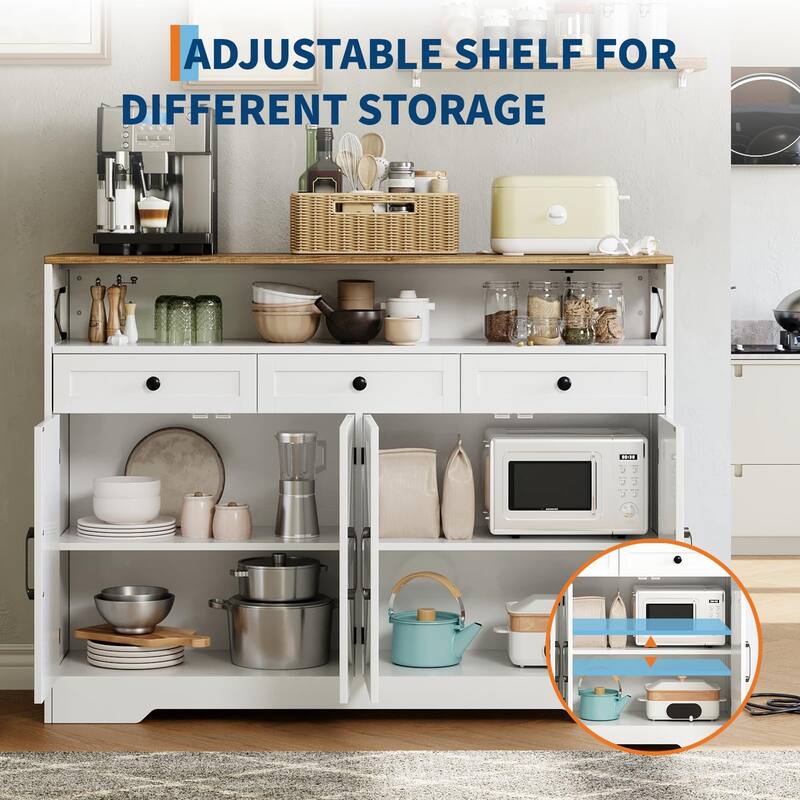 51" Modern Farmhouse Sideboard Buffet Cabinet with Storage, Wood Buffet Storage Cabinet with Charging Station
