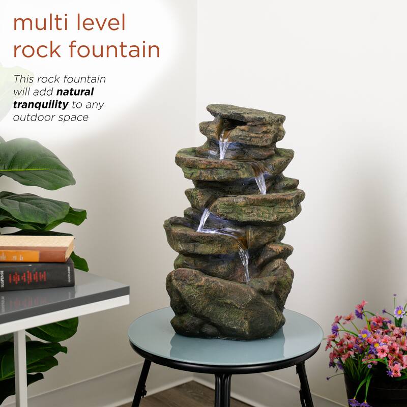 20" Rock Fountain w/ LED, Cascading Outdoor Feature, Brown