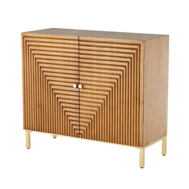 Brown Wood Carved Square Geometric Cabinet with Gold Accents