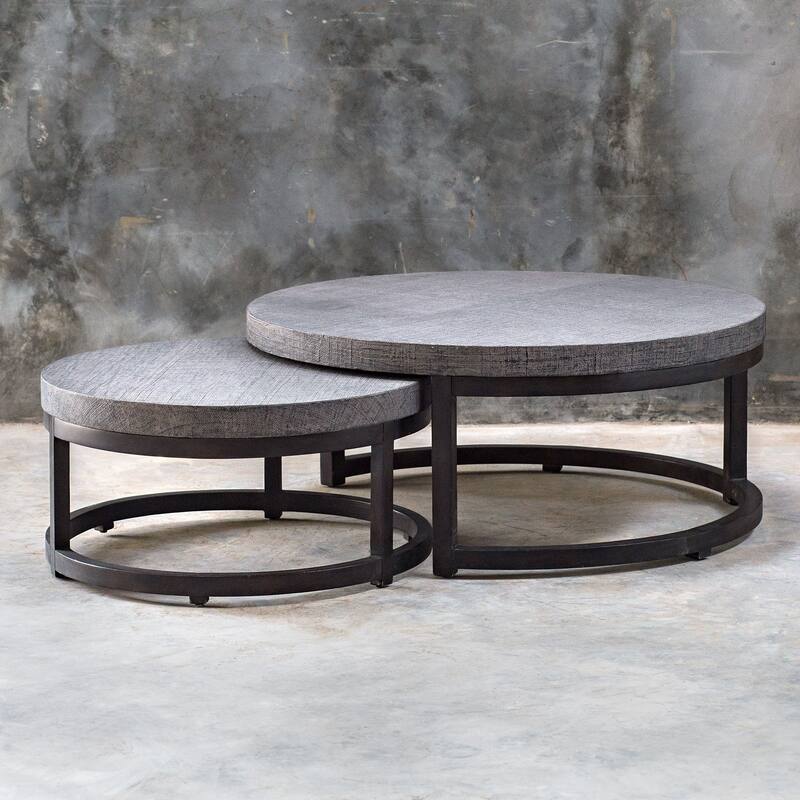 Set of 2 Aiyara Round Gray Nesting Tables with Burlap Wrapped Tops 43"