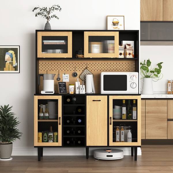 slide 2 of 11, 59" H Buffet Sideboard Cabinet with Storage Door & Power Outlet, Farmhouse Coffee Bar Cabinet with Wine Rack Black