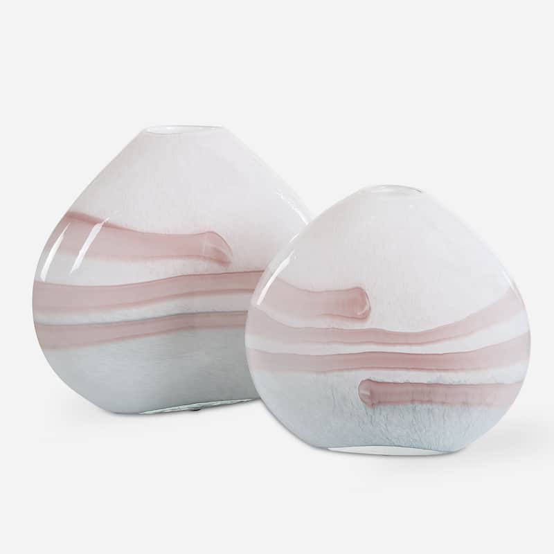 Hand Blown Blush Swirl Tabletop Glass Vases - 12" - White - Set of 2