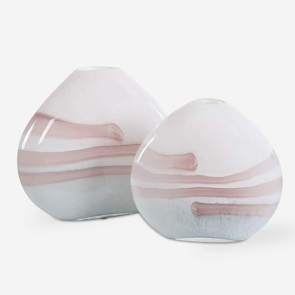 Hand Blown Blush Swirl Tabletop Glass Vases - 12" - White - Set of 2